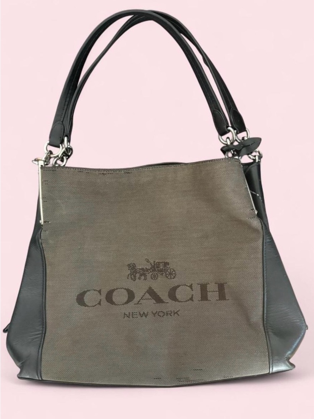 Vintage Coach Olive Canvas Tote with Black Leather Trim